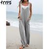 Женская мода повседневная летняя весна однотонная без рукавов с V-образным вырезом свободная талия брюки комбинезоны и комбинезоны