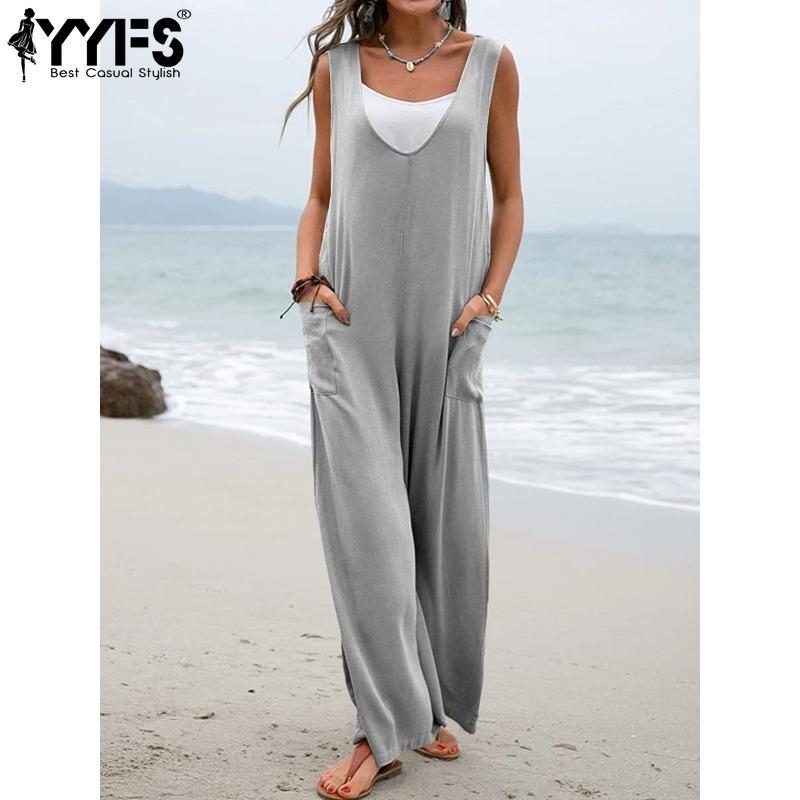 YYFS Женская мода повседневная летняя весна однотонная без рукавов с V-образным вырезом свободная талия брюки комбинезоны и комбинезоны