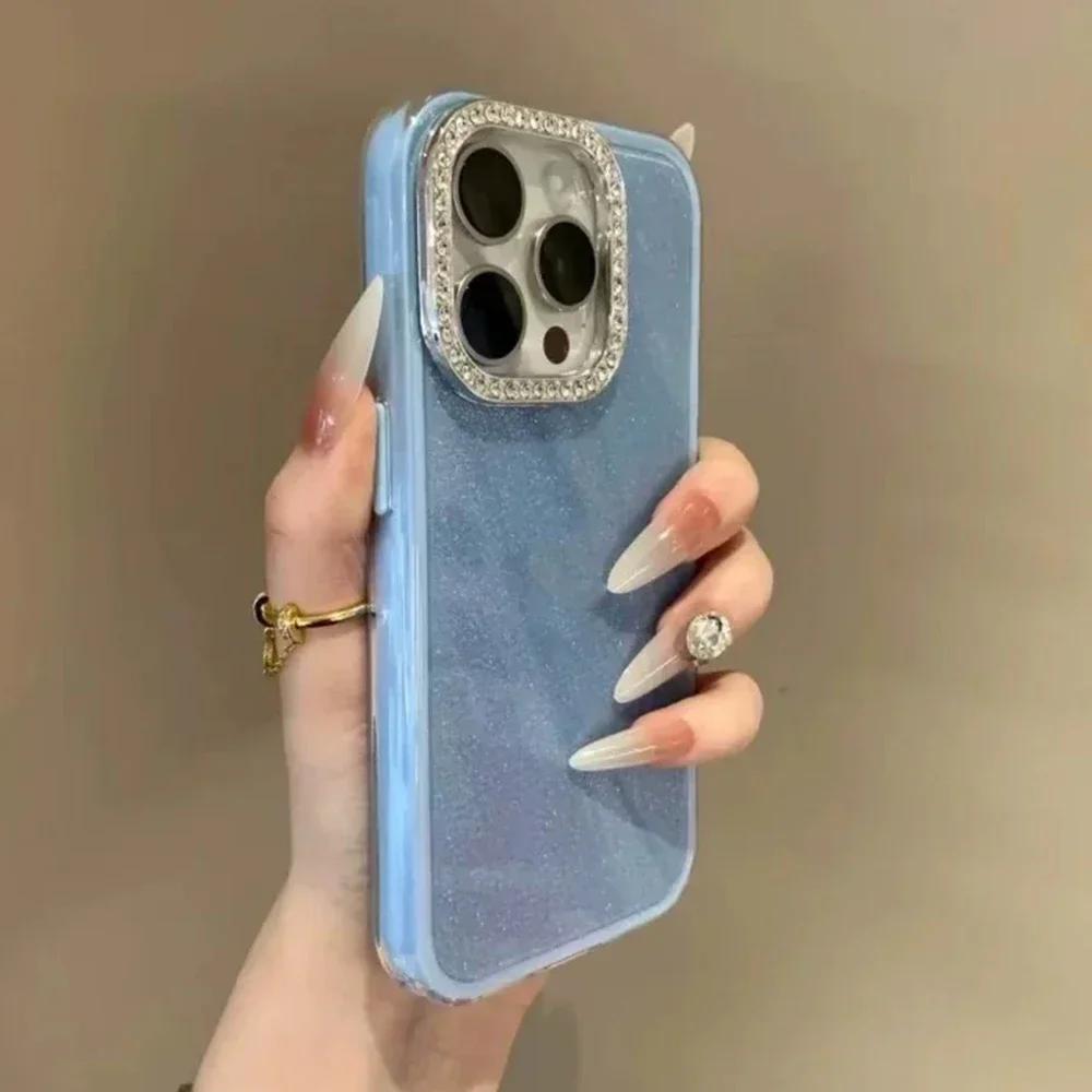 3 В 1 Чехол для телефона с блестками, стразами, IMD, конфетного цвета, для iPhone 16 15 14 13 12 11 17 Pro Max Plus, с защитой камеры из бриллиантов, сияющий чехол