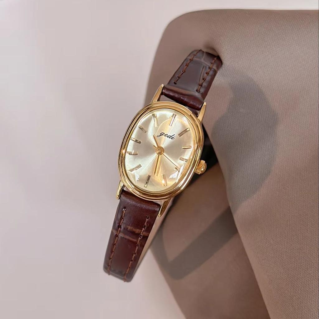 Retro Classic Small Gold Watch for Women Oval Genuine Leather Strap Water-Resistant Quartz Movement Premium Ladies' Wristwatch