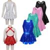 Kids Girls Jazz Modern Tap Dancewear Sleeveless Sequined Criss Cross Back Waist Bowknot Ballet Dance Leotard Dress