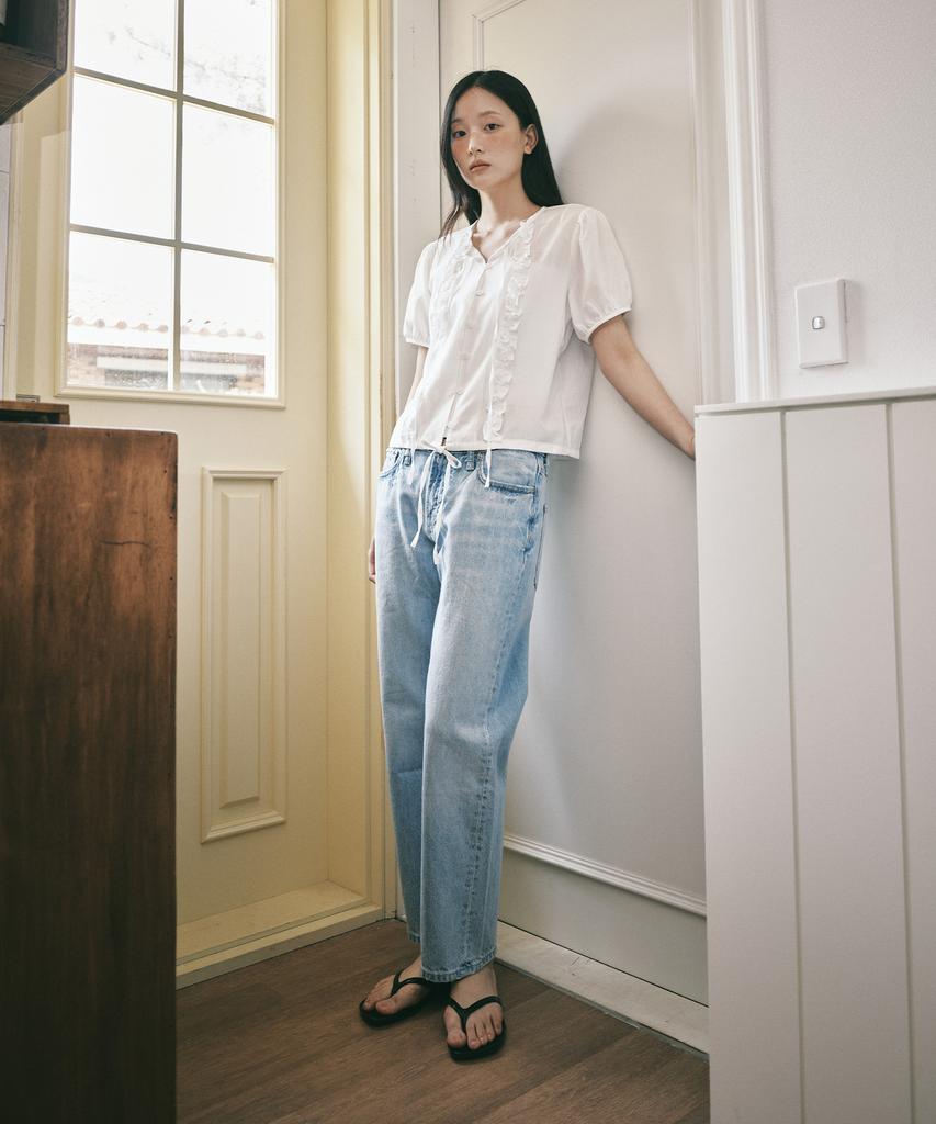 ROIROI Frill Ribbon Short Sleeve Blouse - White