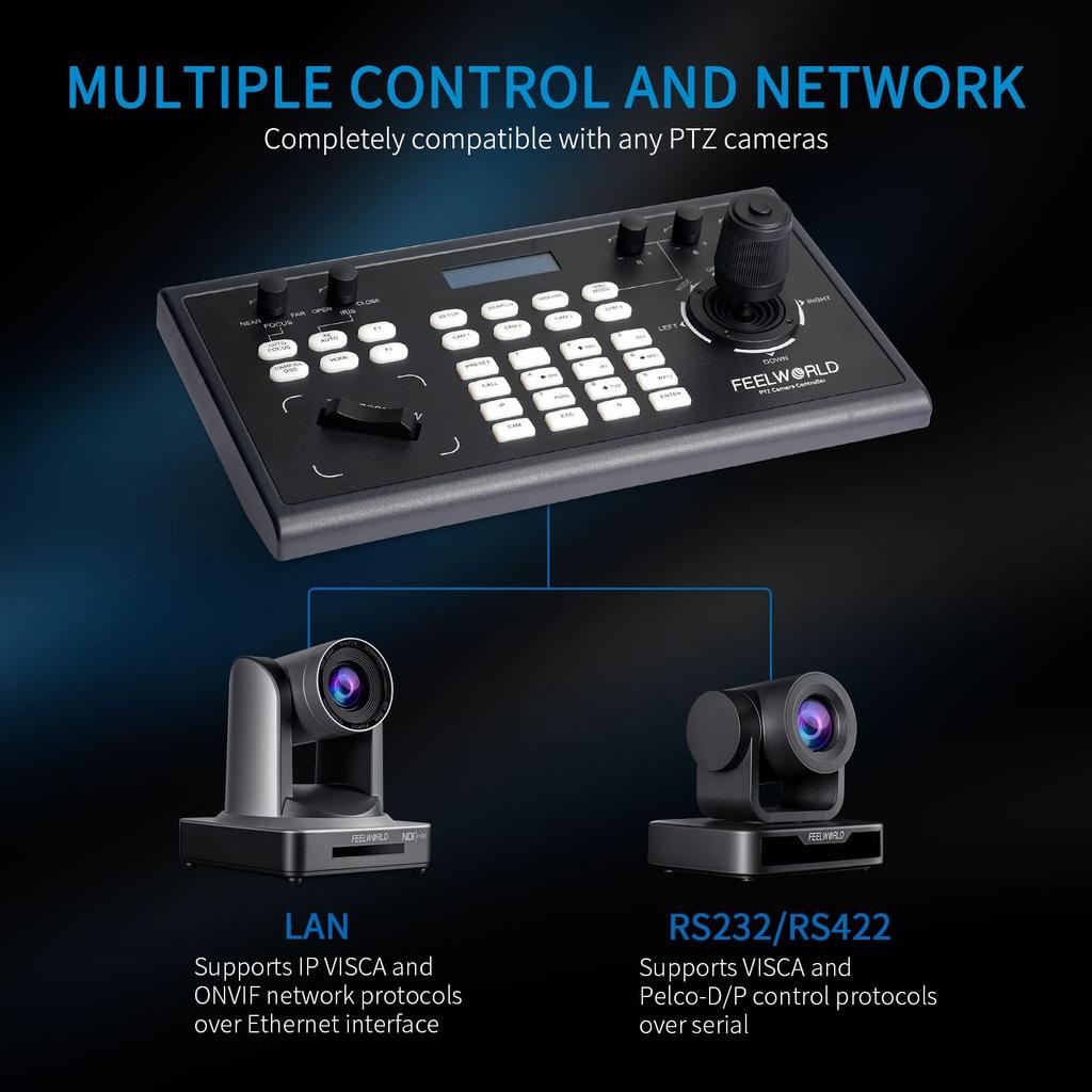 FEELWORLD KBC10 PTZ Camera Controller LCD Screen with Joystick and Keyboard Control PoE Supported for Live Streaming Church Conference