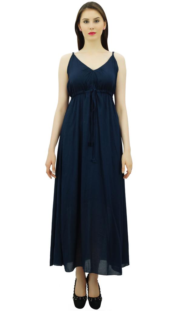 Bimba Women's Long Maxi Cotton Beach Dress Drawstring Waist Strappy Resort