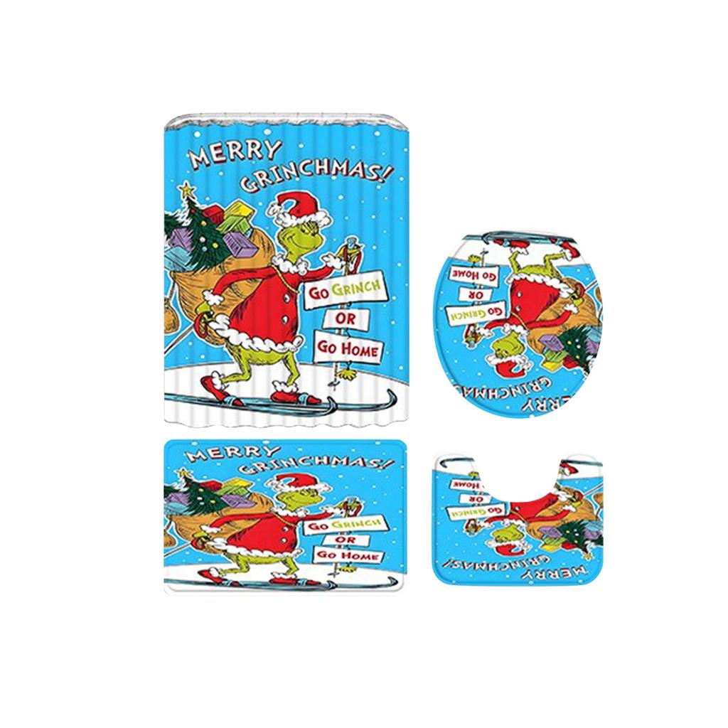 Рождественский узор с зелеными волосами Набор из четырех предметов для занавески для душа с 12 крючками Полиэстеровая водонепроницаемая занавеска для душа.