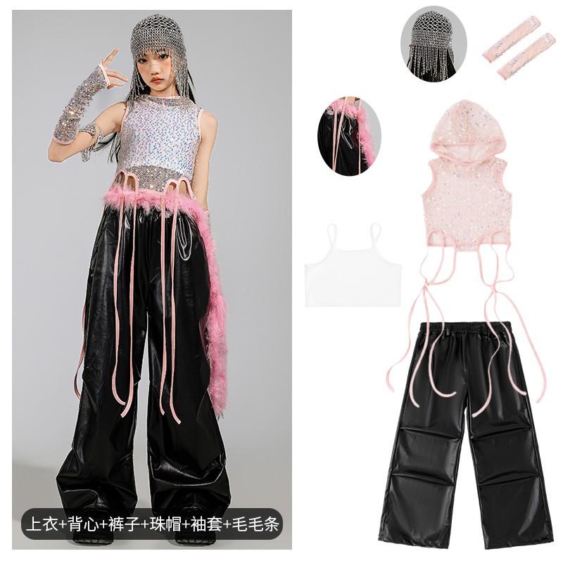 Girls Jazz Dance Outfit Set With Sequin Hooded Crop Top Black Pants Streetwear Performance Costume Kids Teens