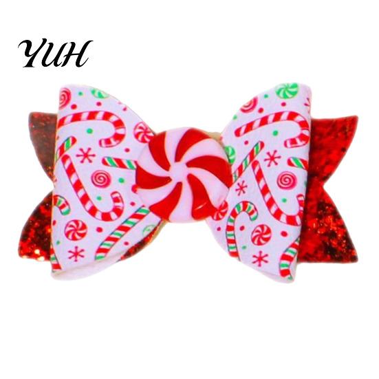Cute Holiday Hair Barrettes Christmas Candies Bow Clip for Women Girls, Sweet Glitter Hairpins, Artificial Leather Festive Decorations Kids Clip, Pink