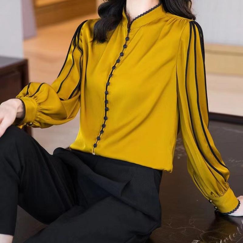 Элегантная мода повседневная однотонная атласная рубашка на пуговицах осенняя рубашка с воротником-стойкой и длинным рукавом свободные пуловеры топы женская одежда