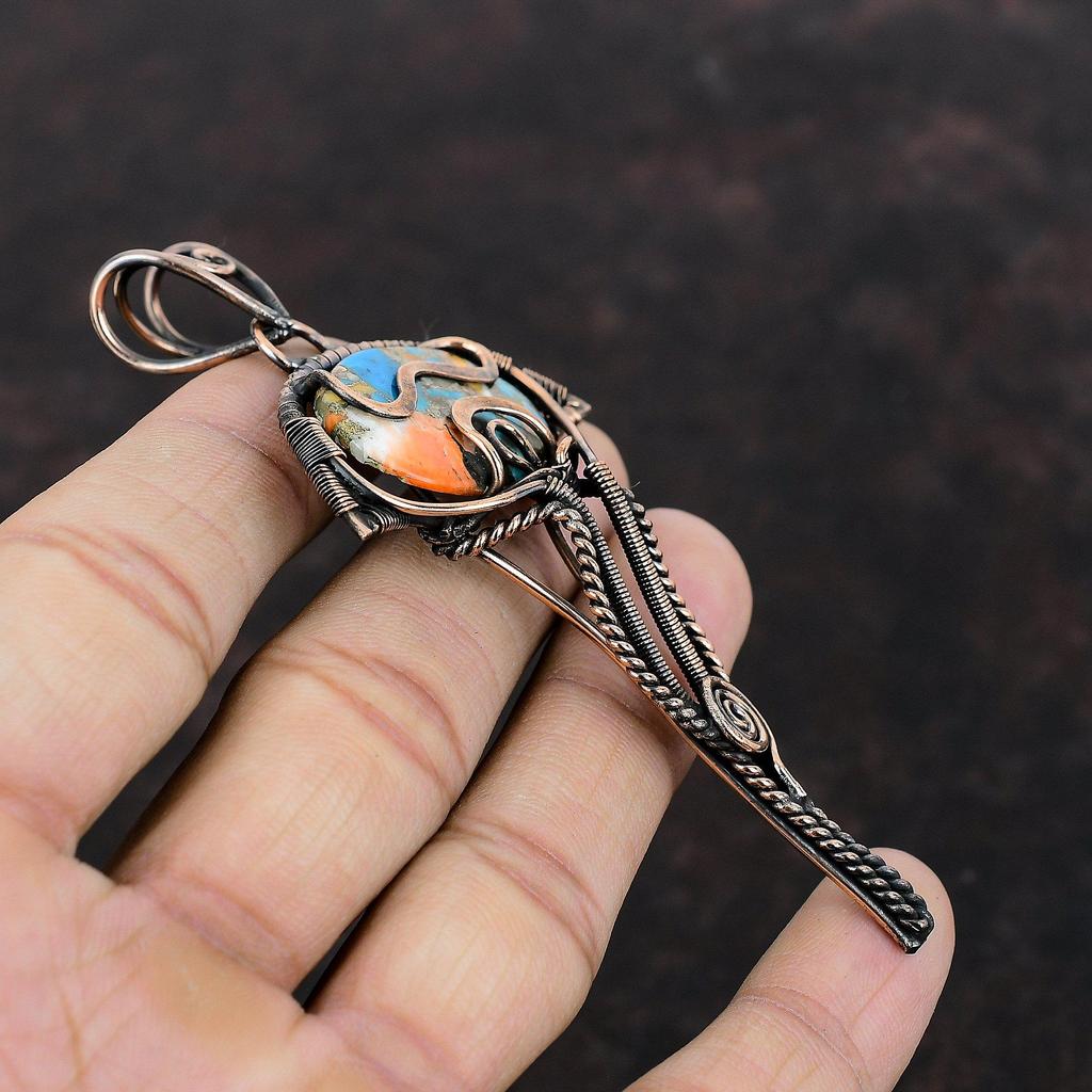 Колючая устрица Медная бирюзовая подвеска Медная проволочная обертка Подвеска ручной работы Красивый драгоценный камень Подвеска Медные украшения Подарок на помолвку