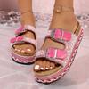 Summer New Foreign Trade Muffin Thick-soled Double-buckle Rhinestone Cork Beach One-word Slippers Large-size Women's Shoes