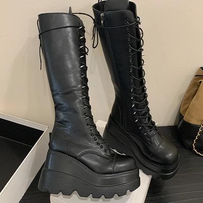 Модные сапоги на танкетке средней высоты, женские сапоги в готическом стиле с толстой подошвой, ковбойские сапоги на тонкой платформе