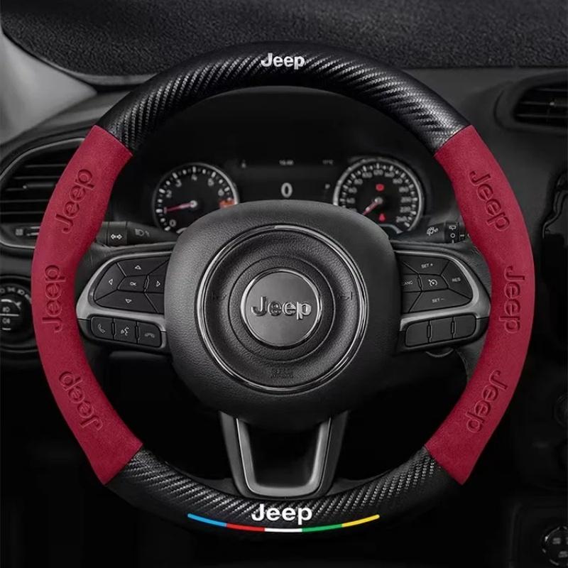 AQI1 Carbon Fiber Suede Car Steering Wheel Cover Anti Slip Car Interior Accessories For Jeep Wrangler Grand Cherokee Compass Renegade