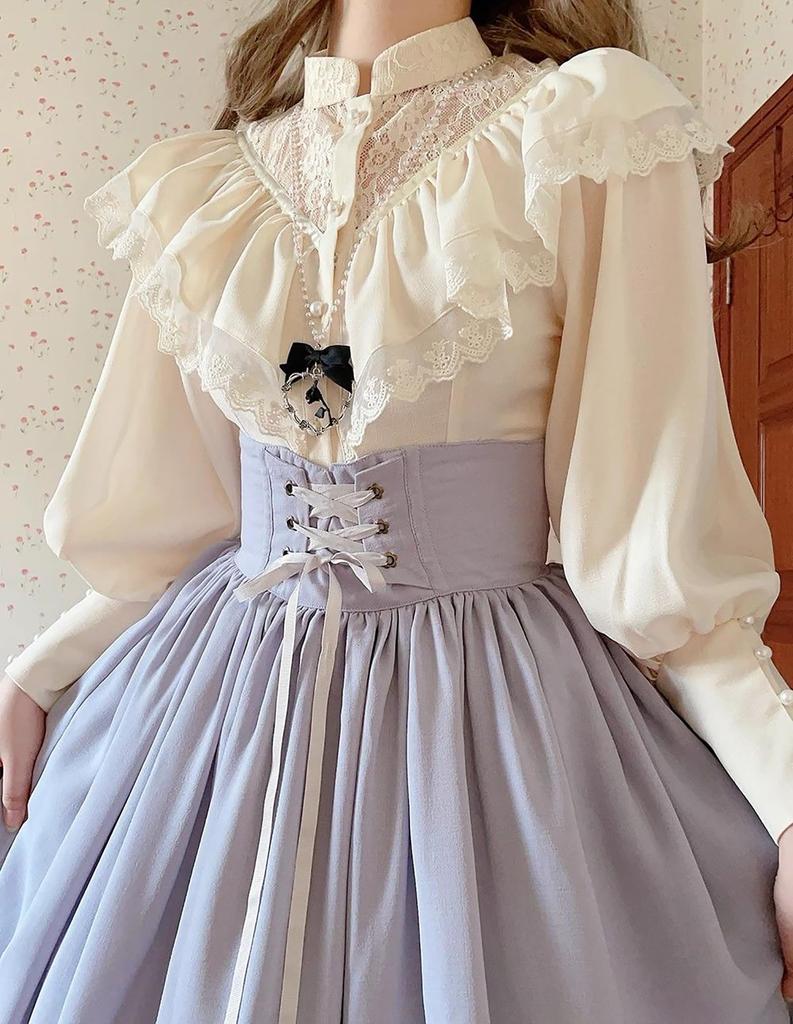 LAVASEON Long Sleeve Retro Perfect for Cute Lace and Balloon Office Princess Mori Girl No Bow Women's Blouse, Commuting, Ruffles, Stand-Up Collar,