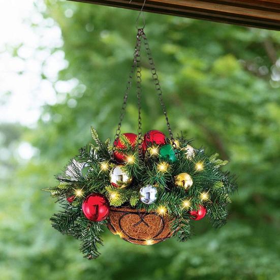 Yousheng Christmas Hanging Baskets Pre-Lit Artificial Basket with LED Lights Pine Cones Berries Winter Outdoor Planter for Outside Porch Front Door