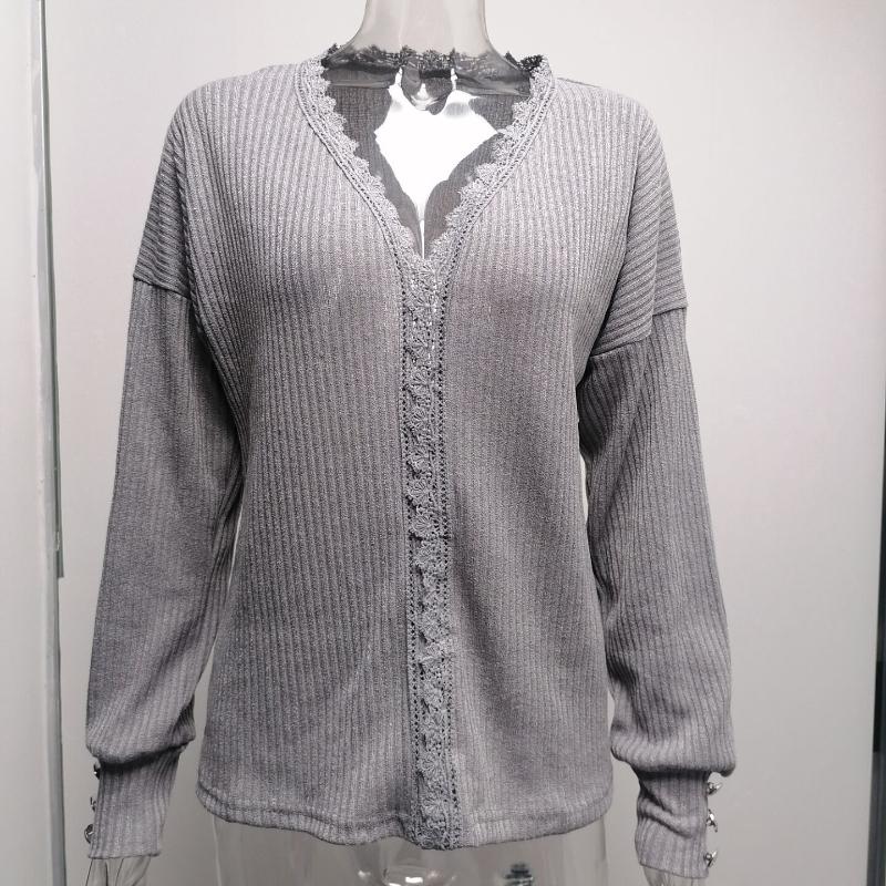 Women's Lace V-neck Sweater Ladies Loose Long Sleeve Solid Color Sweater
