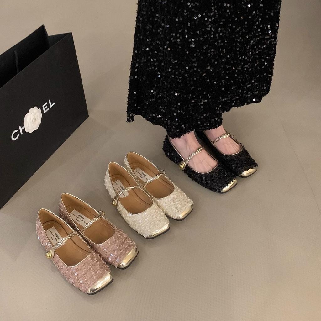 Нишевые туфли Мэри Джейн с пайетками высокого класса, женская обувь 2025 новая весенняя на плоской подошве, с французским темпераментом, вечерние туфли