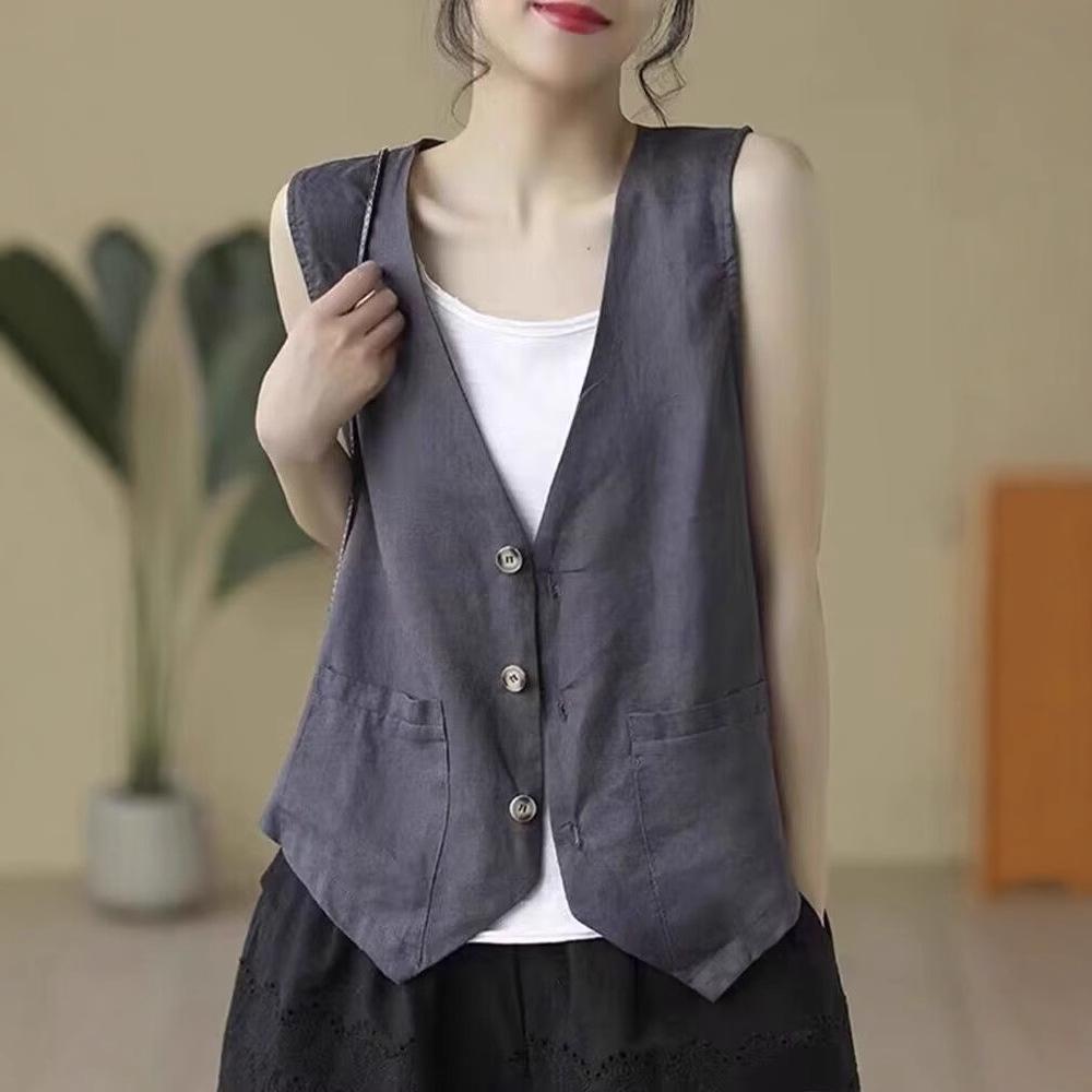 Женский льняной жилет Летний повседневный без рукавов Кардиган Куртка Свободный тонкий Повседневный жилет на пуговицах Женская уличная одежда Жилет Пальто