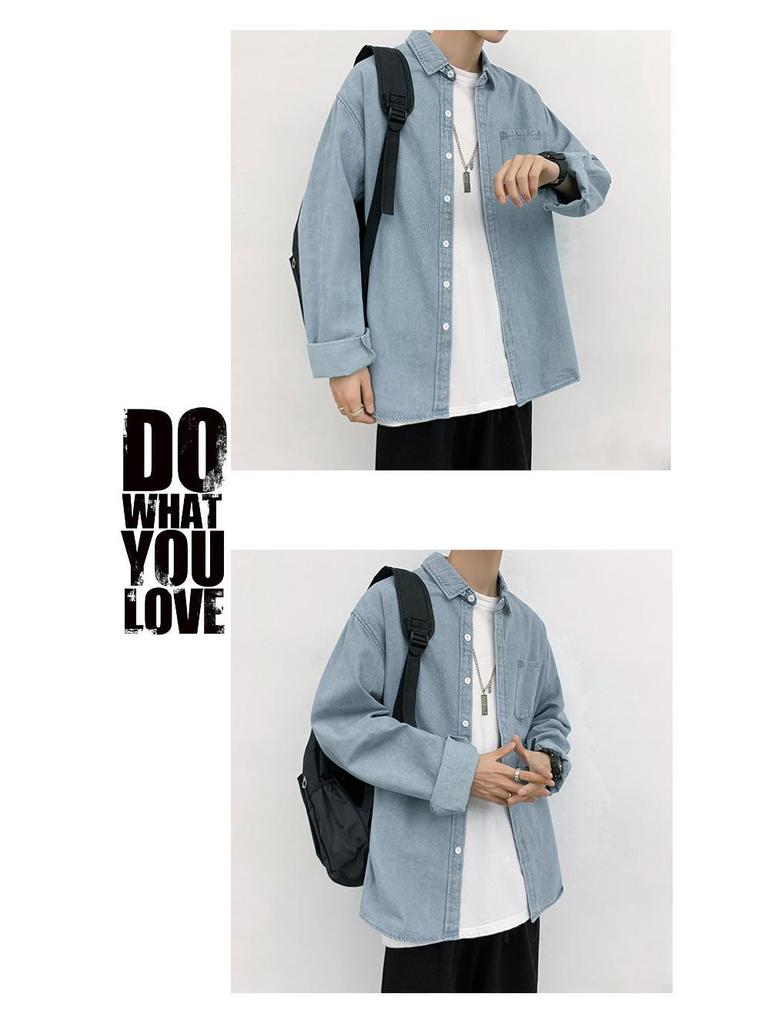 Мужская повседневная джинсовая рубашка Yemi Fashion Harajuku - длинный рукав, свободный крой, куртка в осеннем стиле