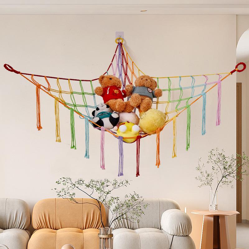 Handmade Cotton Rope Toy Storage Corner Net with Colorful Tassels