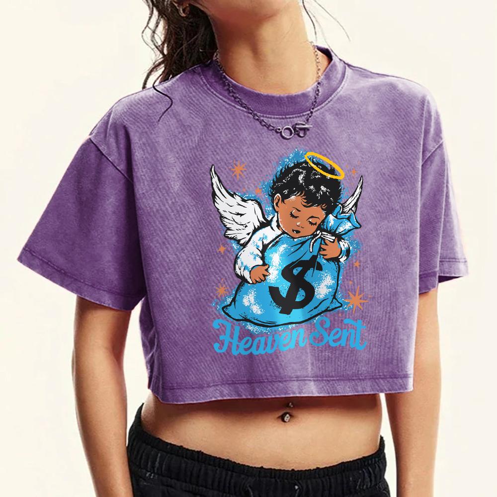 Мальчик-ангел, который прислал деньги, Женские выстиранные футболки с принтом, Кроп-топ, Уличные футболки, Модная хлопковая футболка