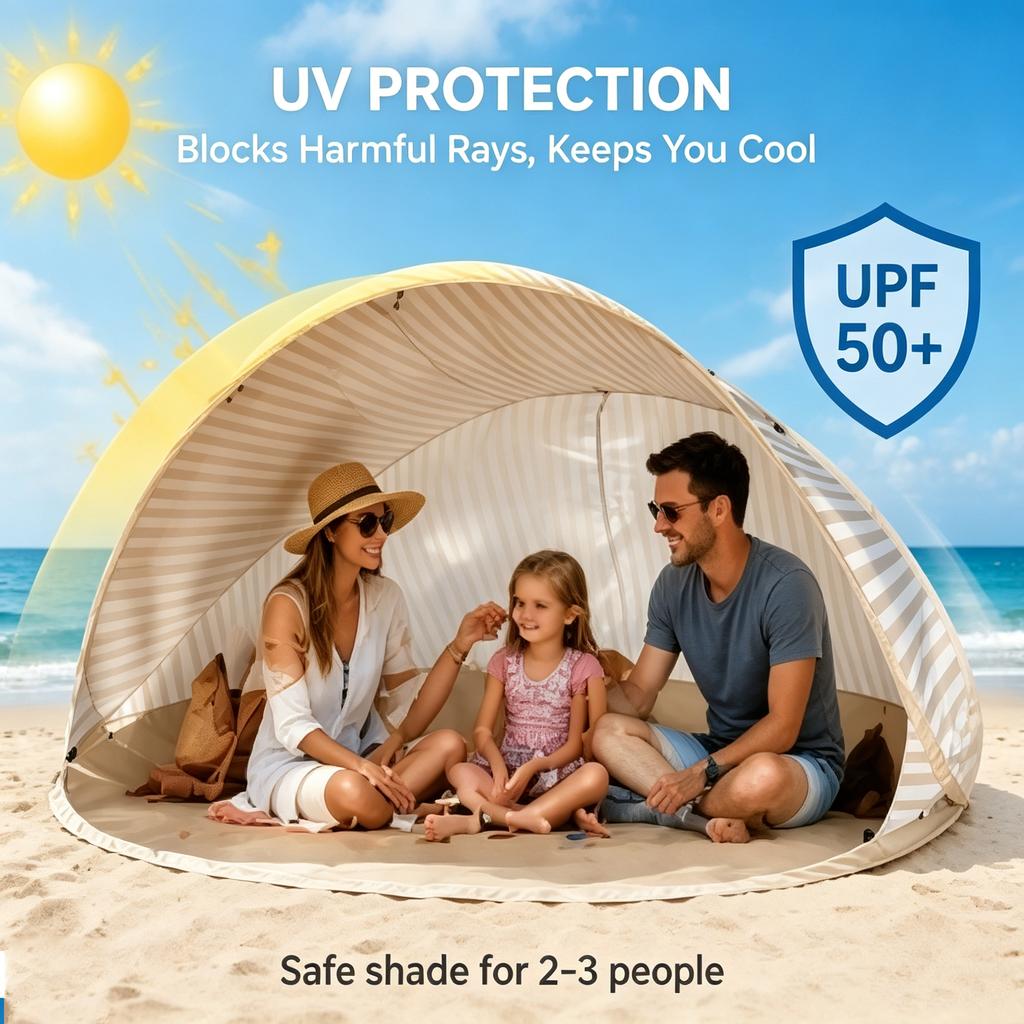 No-Assembly Pop-Up Beach Sun Shelter Instant UV Protection Tent for 2–3 People Lightweight Windproof Shade for Beach Park