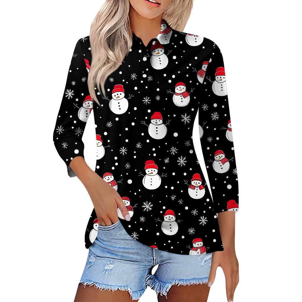 Women's Fashion Casual Lapel Short 3/4 Sleeve Christmas Print Shirt Women's Button Up Tops