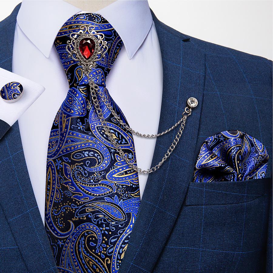 Paisley Tie for Men Necktie Silk Hanky Cufflink Set with Tie Ring Chain Brooch for Wedding Party