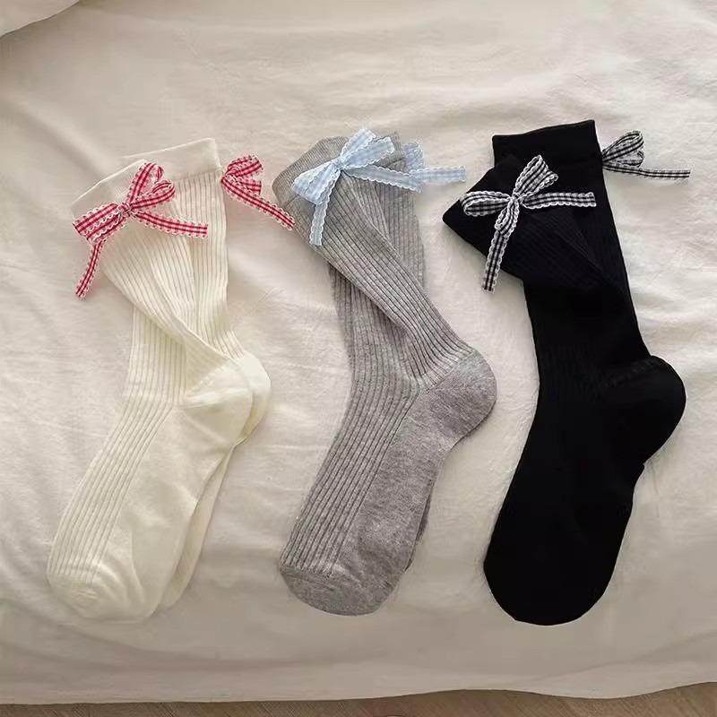 5 Pairs of New Spring and Summer Women's Plaid Bow Mid Calf Stacking Socks