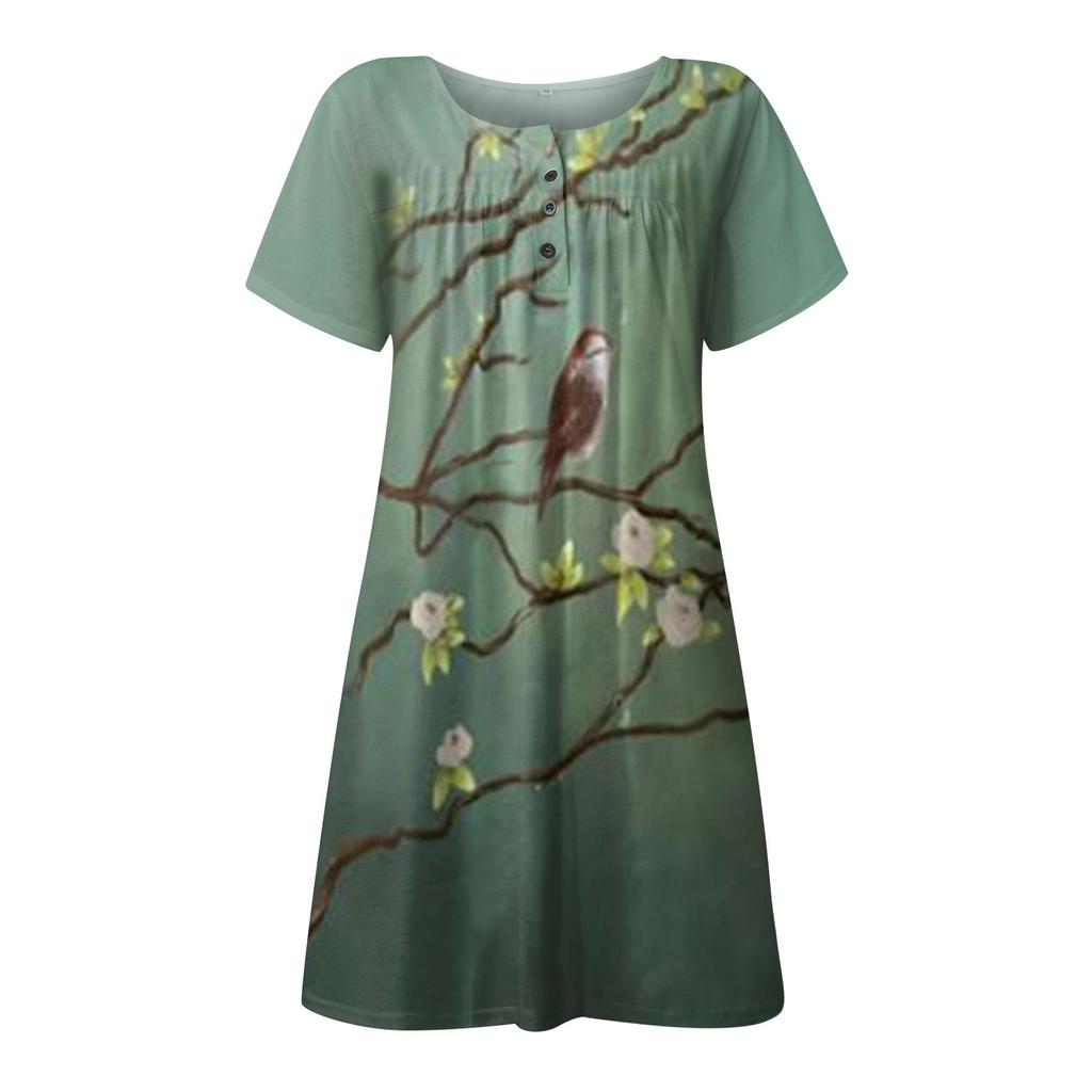 Ladies Casual Round Neck Button Ruched Trim Printed High Waist Loose Dress