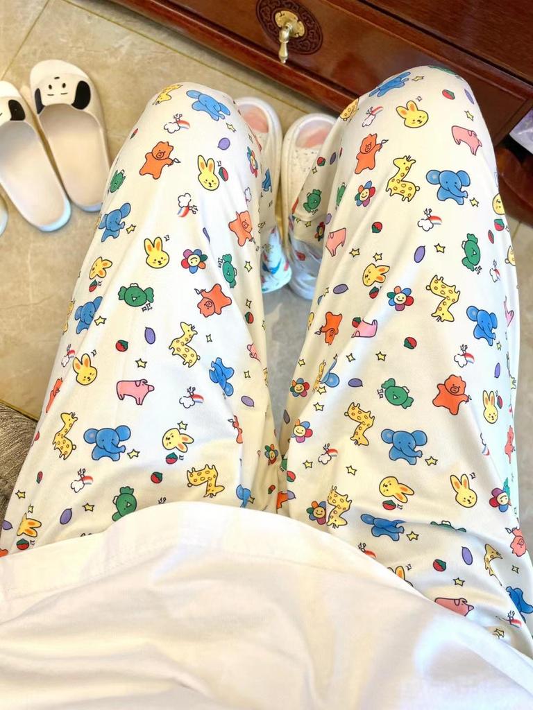 Женские летние пижамные штаны с кондиционером в корейском стиле - свободная повседневная одежда для отдыха с принтом животных