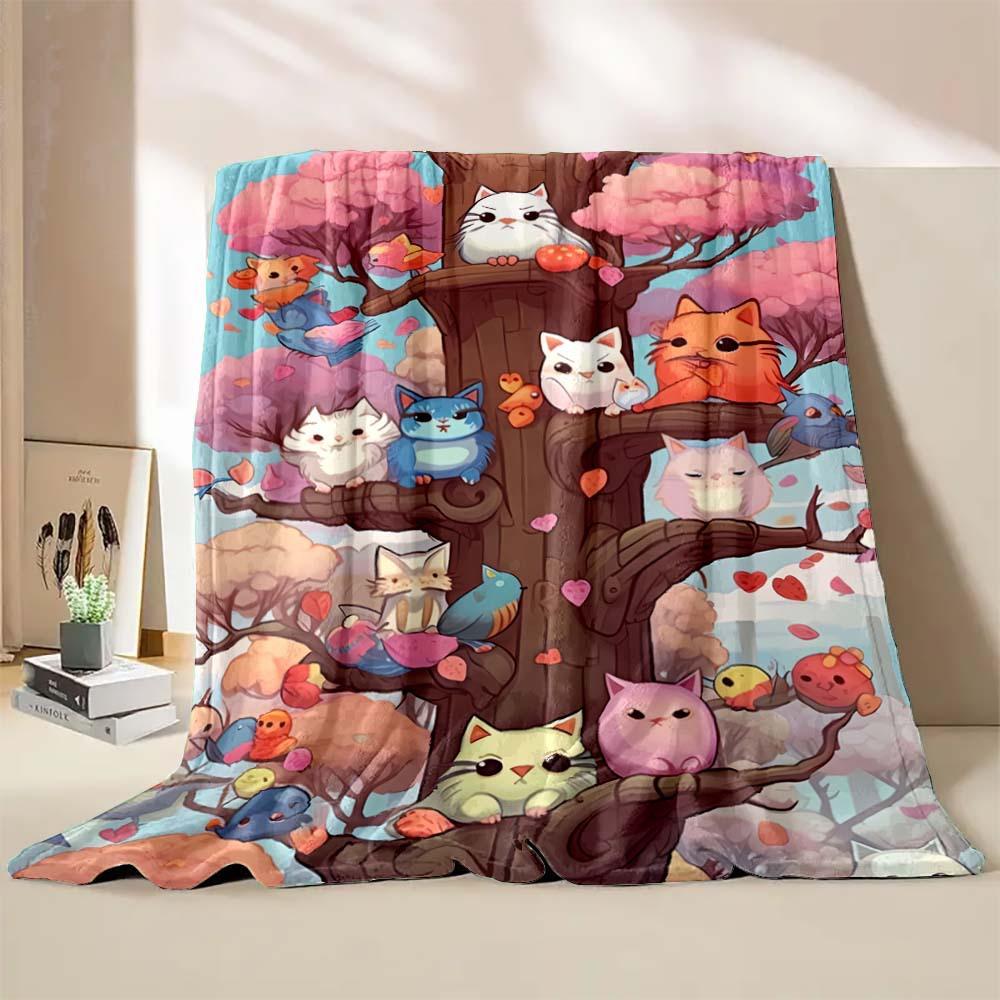 Cute cat print blanket home travel camping blanket single layer flannel shawl blanket soft cartoon fleece blanket
