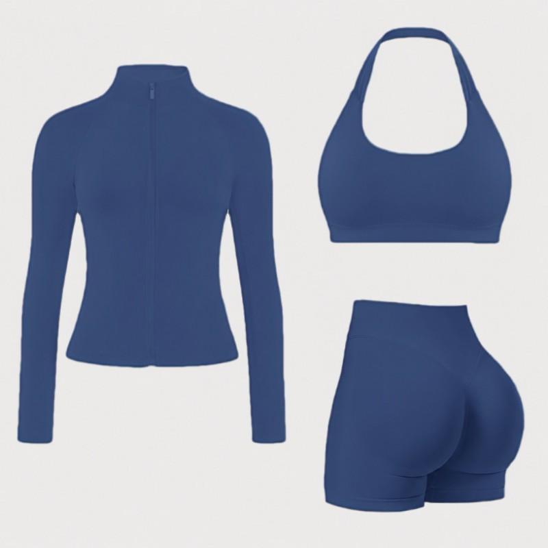 Womens 3-Piece Yoga Set: High-Support Sports Bra Legging Shorts Lightweight Jacket Gym Fitness Workout