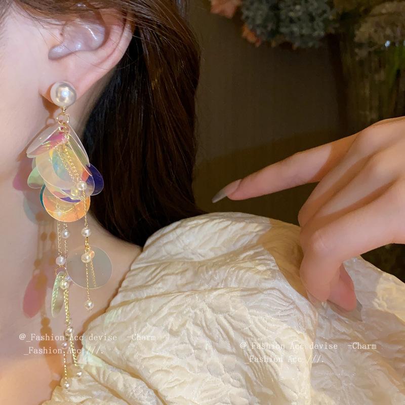 Silver Needle Color Sequins Pearl Fringed Earrings Fashion Personality Long Earrings Sweet and Fresh Mori Earrings