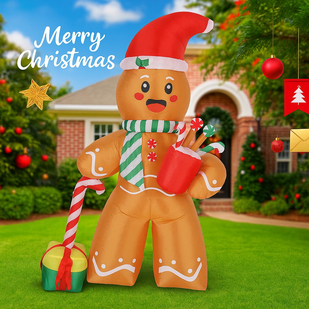 7.87FT Inflatable Toy Gingerbread Man Candy Cane Gift LED Lit Xmas Yard Party Decoration Christmas Home Supplies Ornaments Gifts