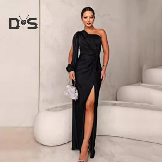 Женское вечернее платье на одно плечо без рукавов с разрезом по низу, однотонное, с заниженной талией, плиссированное, однотонное, с открытыми плечами, коктейльное, вечернее, макси-платье, бальное платье