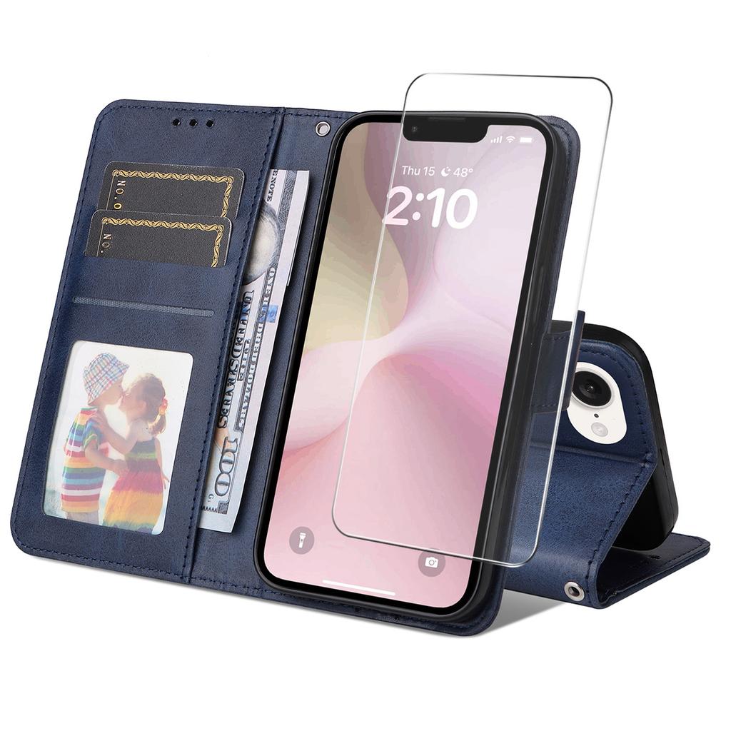 For iPhone 16e PU Leather Wallet Case Phone Stand Cover with Tempered Glass