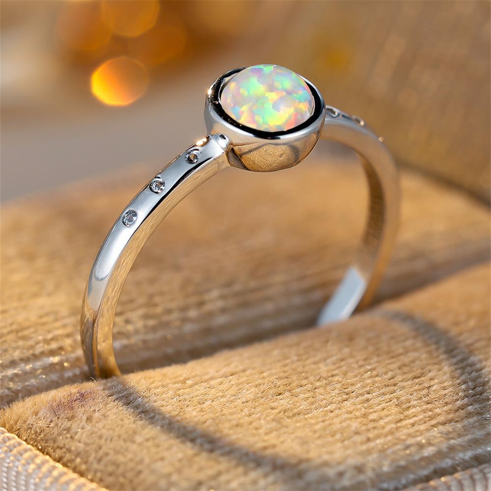 Белый Опал Огненный Круглый Камень Кольца-Солитеры Для Женщин Винтажная Мода Серебристый Цвет Тонкое Обручальное Кольцо Простое Модное
