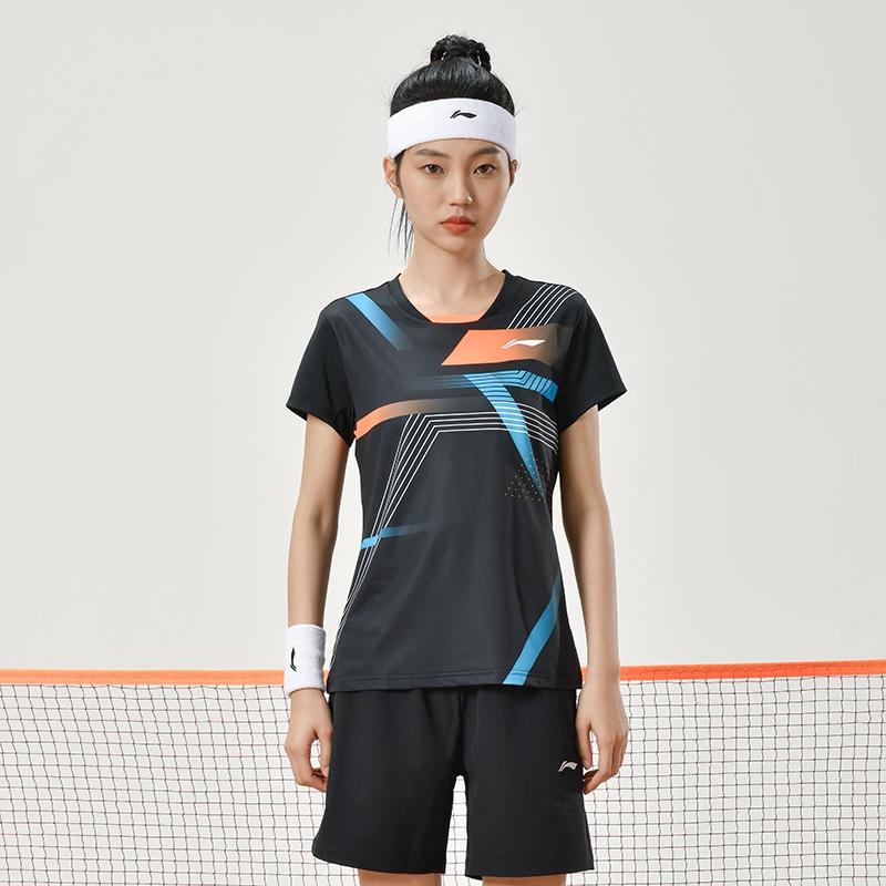 Футболка Li Ning Badminton Series с полосатым геометрическим узором, круглым вырезом, прямым кроем, коротким рукавом, мужские топы, черная AAYU137-1