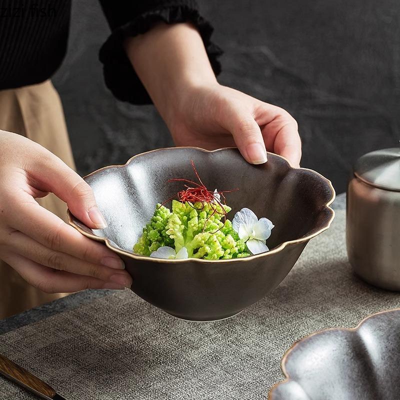 Ceramic Gold Border Flower Shaped Bowl Retro Salad Bowl Dessert Bowl Thick Soup Bowls Service Bowls Hotel Specialty Tableware