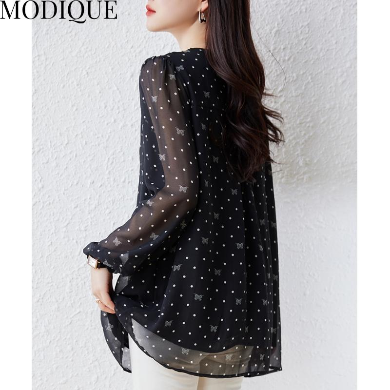 MODIQUE весна лето плюс размер новые женские свободные винтажные шифоновые блузки в горошек с принтом рубашки женские повседневные оверсайз топ с v-образным вырезом и длинными рукавами