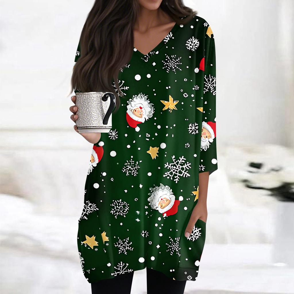 Женские топы с V-образным вырезом и рукавом 3/4, повседневные блузки средней длины, модные туники с рождественским принтом и карманами