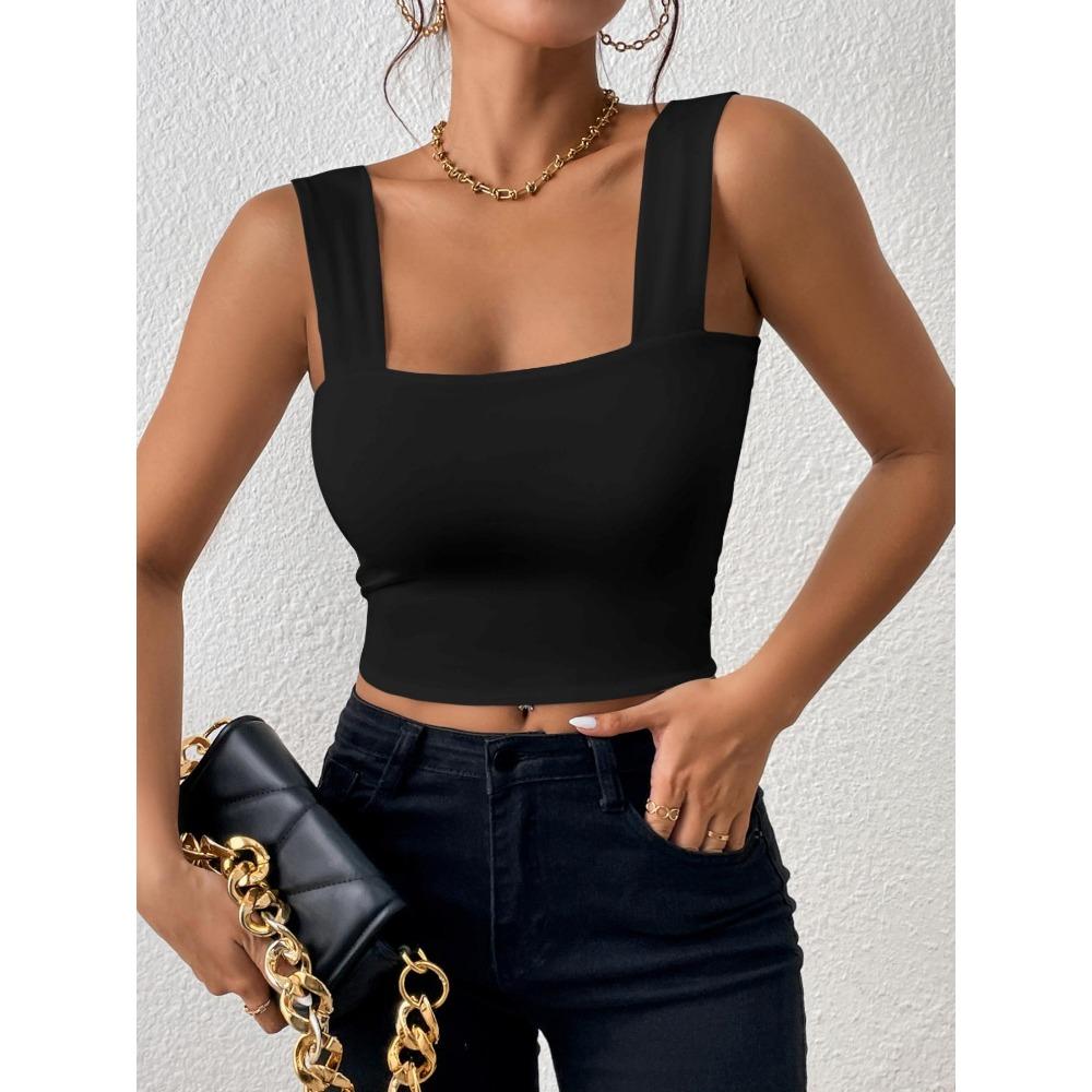 Майка с квадратным вырезом и широкими бретелями, укороченные топы, женские летние майки, сплошной цвет, модная рубашка, женский укороченный жилет без рукавов, одежда Y2K