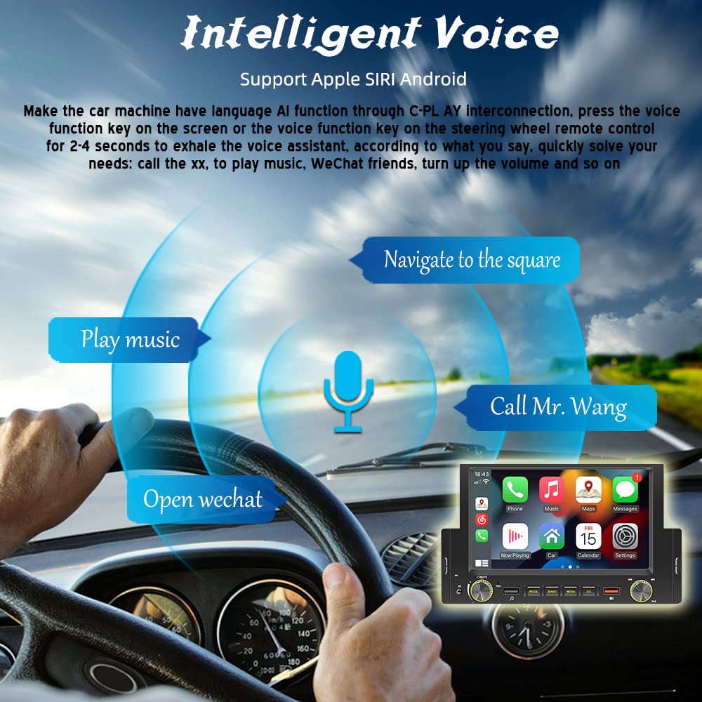 1Din Car Radio Android Auto/CarPlay Mirror Link 6.2" Touch Screen Bluetooth FM USB Colorful Lights Wince System