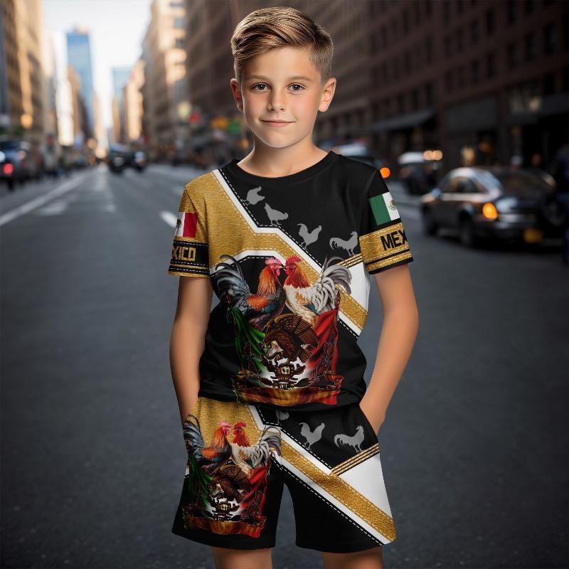 Футболки с 3D-принтом и рисунком мексиканского петуха, комплект из 2 предметов, детская футболка, короткие штаны, костюм для детей 4-14 лет, модные комплекты с коротким рукавом