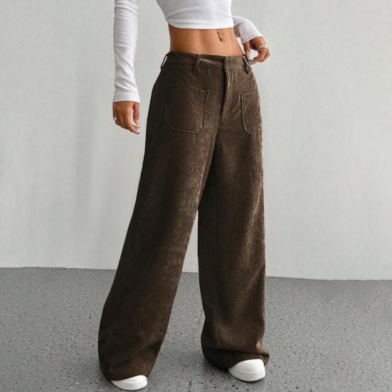 Женские брюки с низкой посадкой, на молнии и пуговице, прямые широкие длинные брюки с карманами, однотонные рубчатые брюки для отдыха