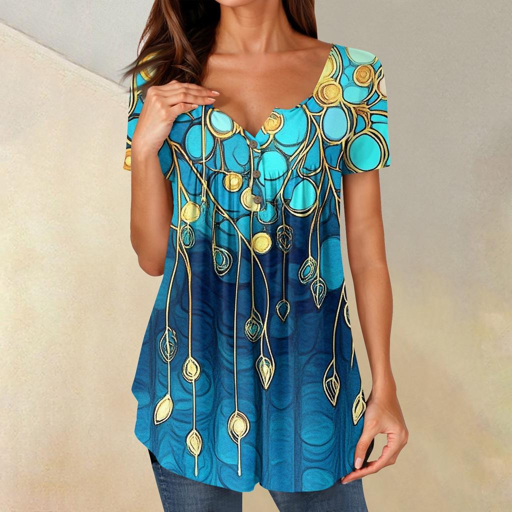 Women Tunic Tops Dressy Casual Summer Short Sleeve Shirts Loose Fit Pleated Boho Top