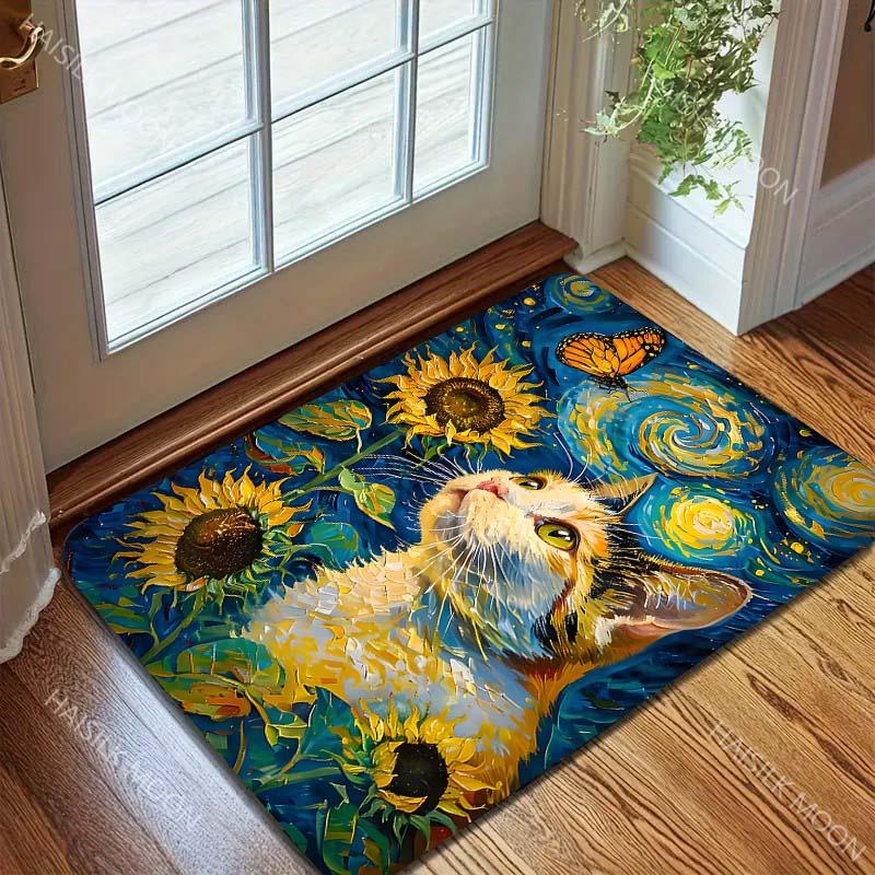 15 sizes Cat with butterfly and sunflowers Print Carpet Rug for Living Room Bedroom Sofa Doormat Home Decor Non-slip Floor Mat