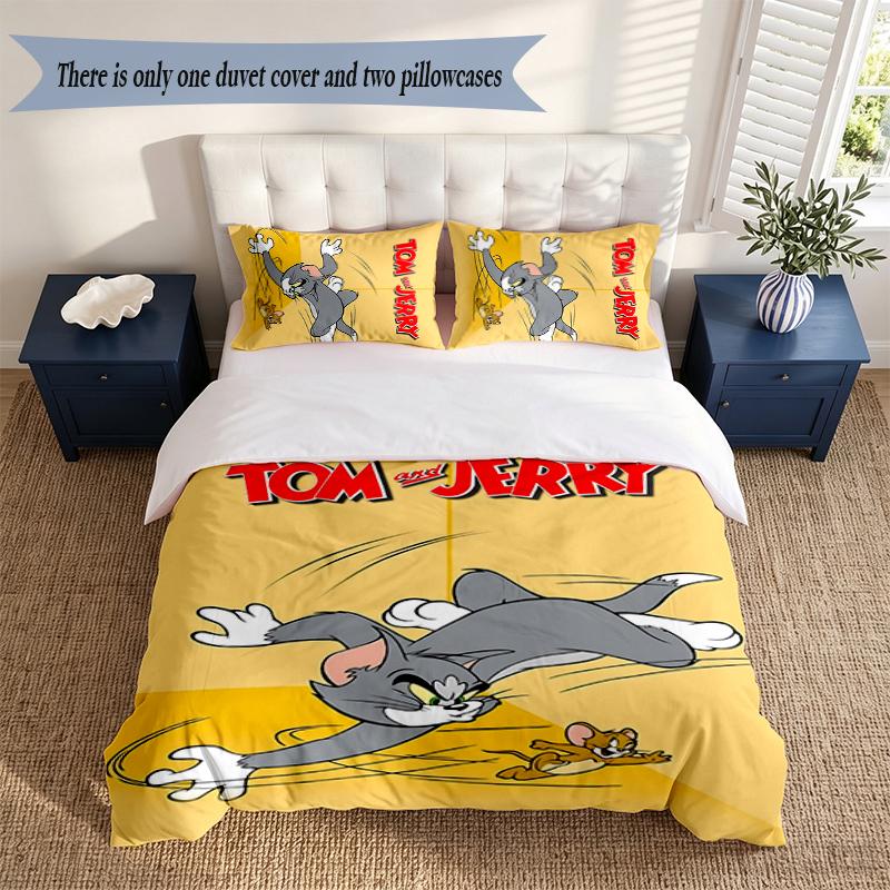 Tom and Jerry 3‑Piece Bedding Set Soft Microfiber Duvet Cover Pillowcases Comfortable Bed Linen for Bedroom Decoration