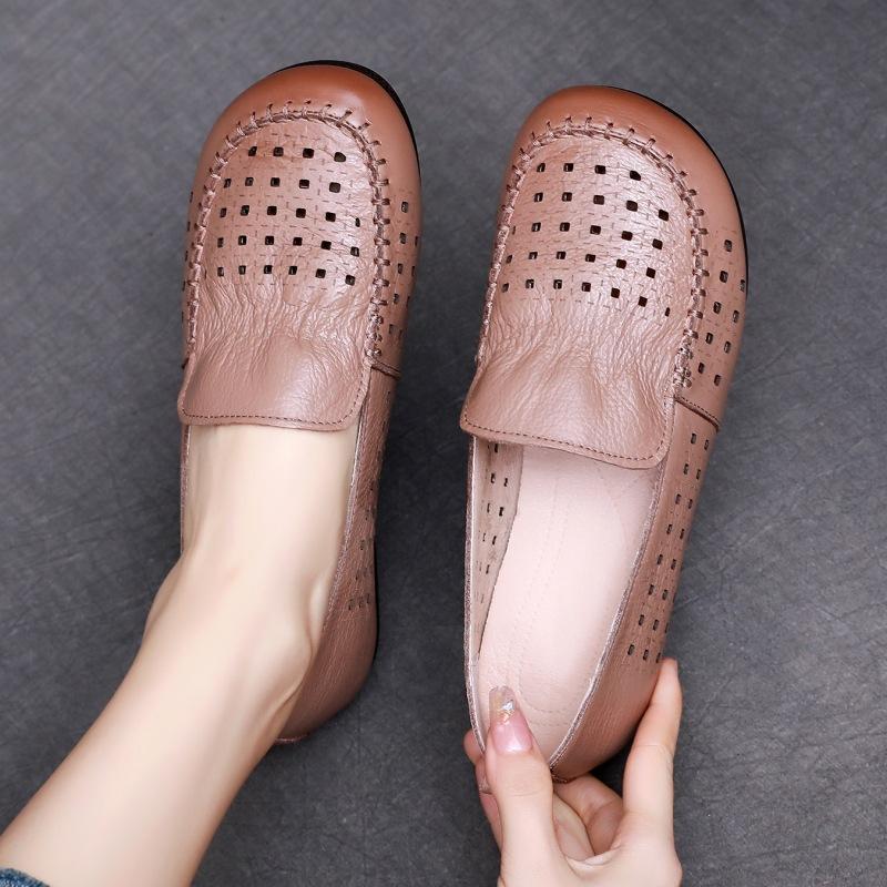 GKTINOO Summer Hollow Genuine Leather Shoes New Women Shoes Woman For Mom Women's Flats Comfortable Handmade Loafers