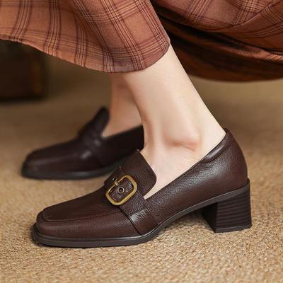 Овечья кожа весна лето размер 42 размер 43 толстый каблук женские квадратный носок без застежки металлическая пряжка глубокий нос лодочки